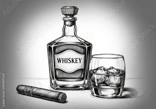 Sophisticated whiskey bottle and glass with ice accompanied by a premium cigar, perfect for luxury branding, refined tastes, and celebrating the finer things in life, rendered in detailed monochrome