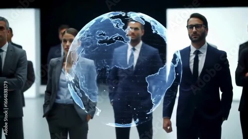 A businessman standing next to a glowing holographic Earth.