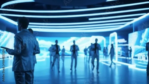 A futuristic boardroom with holographic walls and businesspeople.