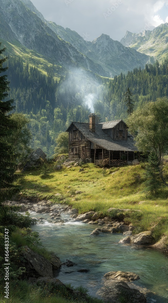 Fototapeta premium Mountain chalet nestled in valley