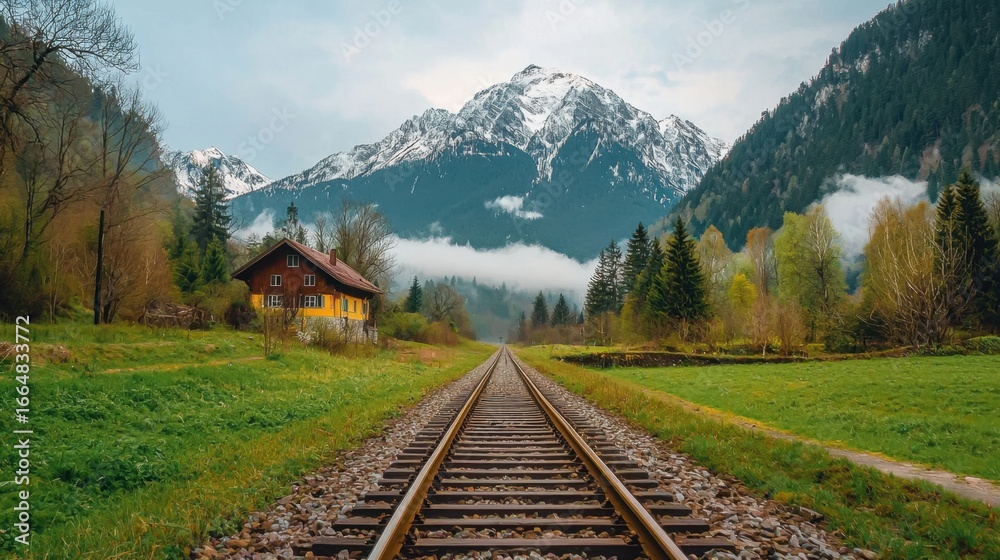 Fototapeta premium Scenic Mountain Landscape with Train Tracks and Charming House