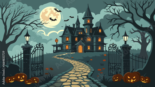 Haunted Mansion on a Hill with Pumpkins, Spooky Gates, and Full Moon – Halloween Background