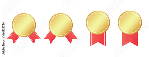 Gold medal with ribbon vector set. Award badges in red.