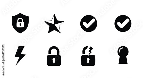Set of Security and Positive Feedback Icons Depicting Protection and Completion Security Shield Star Lightning Locks Checkmarks Keyhole