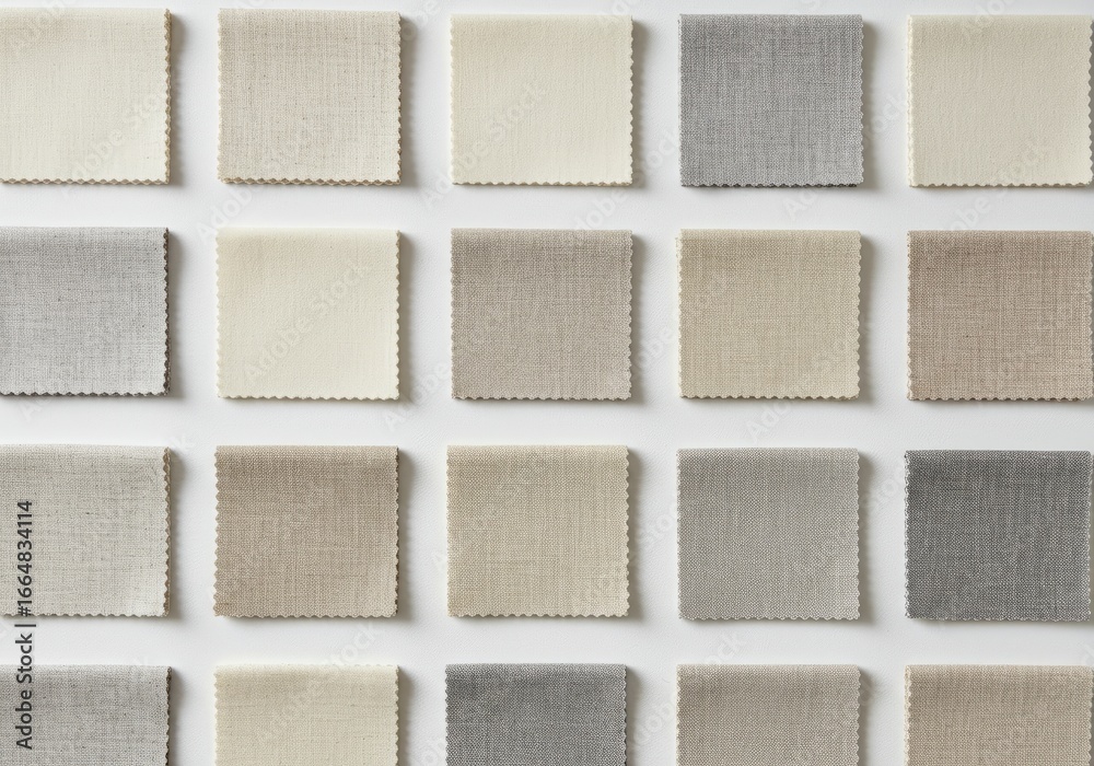 Fototapeta premium Neutral fabric swatches arranged neatly in a grid showcasing texture and subtle color variations for interior design