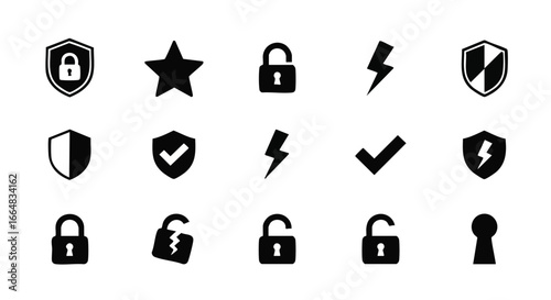 Collection of security elements, ratings and approval symbols represented with clean black silhouette vector icons for graphic design, 90 characters