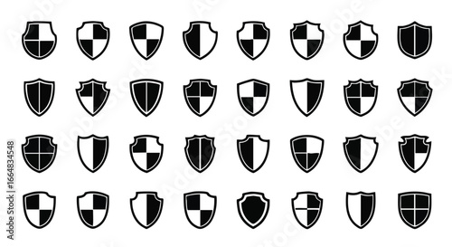 Collection of assorted shield icons depicting diverse styles and protection concepts in a modern black and white design