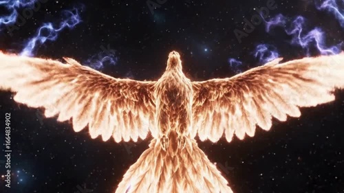 Glowing fiery phoenix with luminous golden wings.