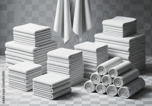 A Serene Collection of Crisp White Cotton Towels Neatly Stacked and Folded Demonstrating Comfort and Cleanliness in a Bathroom Setting