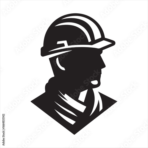 Construction worker with helmet vector silhouette outline logo design concept illustration
