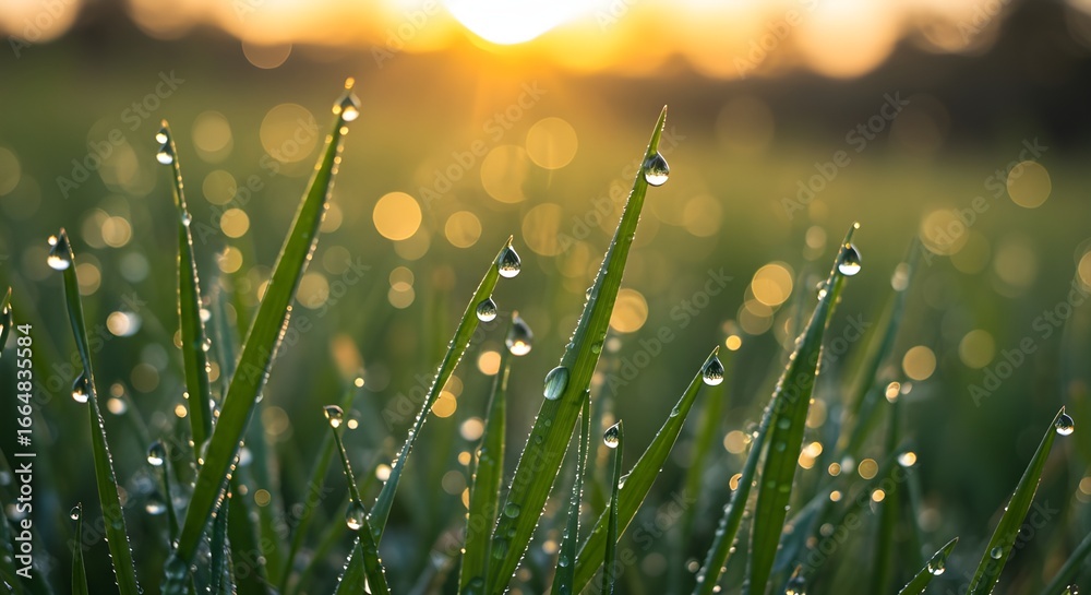 Fototapeta premium Morning Dew on Green Grass Blades with Sunrise Light