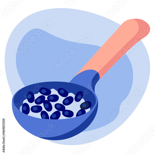 Chia seeds in blue spoon on light background in minimalist style  