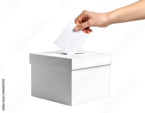 A hand drops a paper ballot into a white box, representing the democratic process and participation.