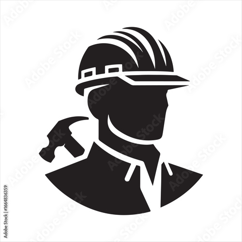 Construction worker with helmet vector silhouette outline logo design concept illustration