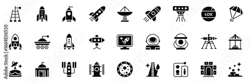Black Space Exploration Icon Set – Minimalist Astronautics and Cosmic Technology Symbols for Digital Design
