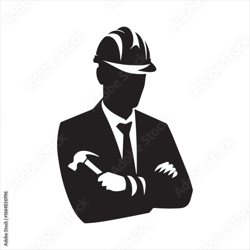 Construction worker with helmet vector silhouette outline logo design concept illustration