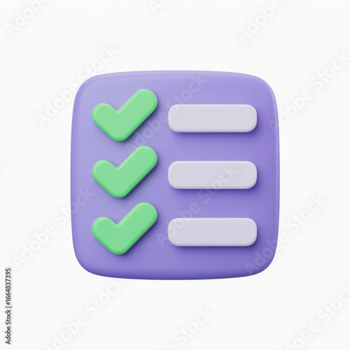 3d icon of a checklist with green checkmarks and blank items on a purple background