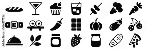 Black Food Icon Set – Minimalist Culinary and Ingredient Symbols for Digital Design