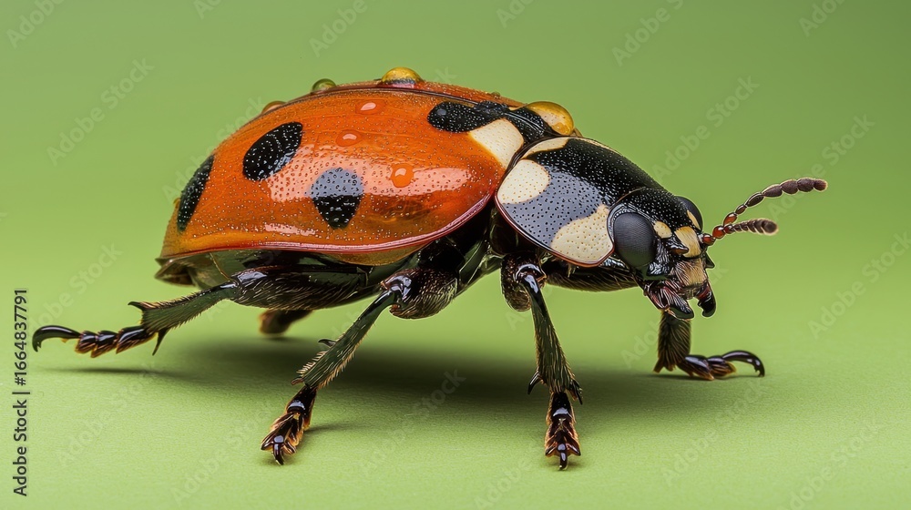 Naklejka premium Vibrant Ladybug Insects With Striking Color Patterns Against Green
