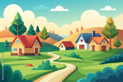 Charming village landscape with winding path, inviting homes, and stylized trees, perfect for serene backgrounds, idyllic designs, and calming visuals