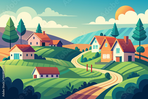 Serene village landscape illustration with rolling hills, charming homes, and a warm sunset, perfect for conveying peace, tranquility, and country living appeal