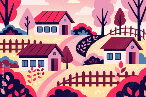 Charming village landscape with cozy homes nestled among whimsical trees and winding paths, evoking a sense of tranquility and rural beauty, originally a vector