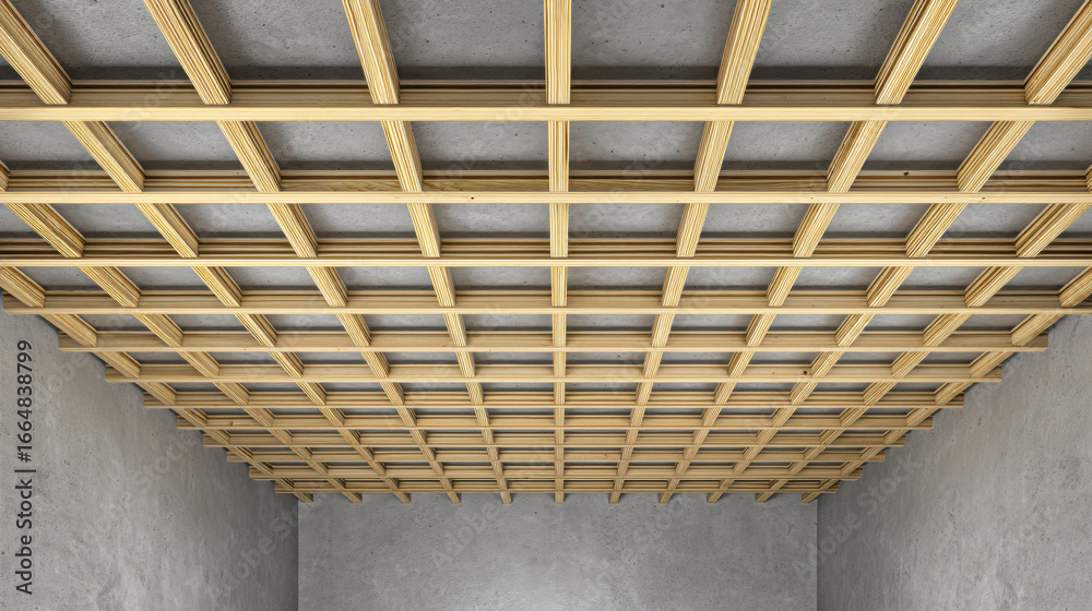 Obraz premium Modern Timber Grid, A minimalist 3D illustration: A clean, symmetrical grid formed, evenly spaced wooden beams, modern architectural design. Light gray concrete background. with copy space.