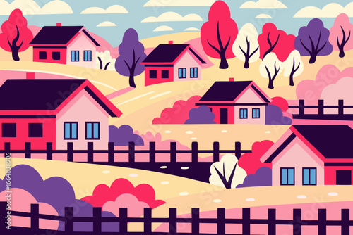 Charming village landscape with colorful houses and stylized trees, a peaceful rural scene evokes a sense of tranquility and idyllic living, vector illustration