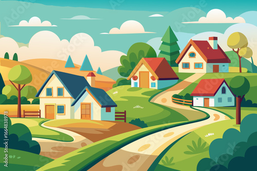 Charming countryside houses nestled on rolling hills, a peaceful landscape for idyllic living, serene village scene evokes calm, perfect for real estate branding