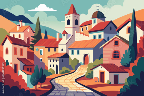 Wallpaper Mural Charming Mediterranean village scene with colorful buildings and winding road, perfect for travel blogs, tourism brochures, and architectural designs Torontodigital.ca