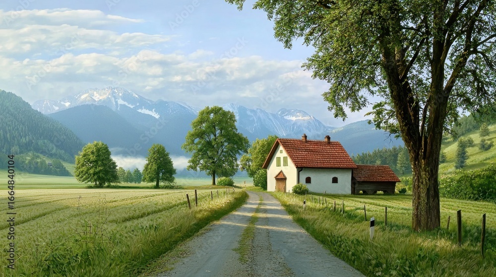 Obraz premium Peaceful Scenic Landscape with House and Mountain Backdrop