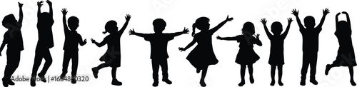 A lively silhouette collection showcasing diverse children joyful and playful, celebrating childhood with energetic poses and happy expressions