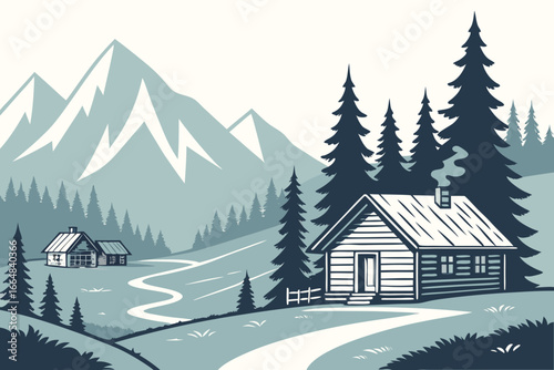 Peaceful mountain retreat illustration, inviting cabins nestled among tall pines, evoking serenity and escape, perfect for travel and nature promotions