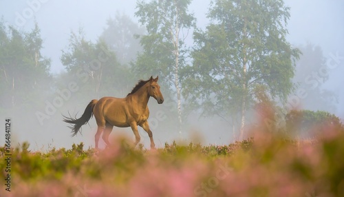 A light-brown horse moves swiftly across a field blanketed in morning mist, surrounded by hazy trees and pink wildflowers.