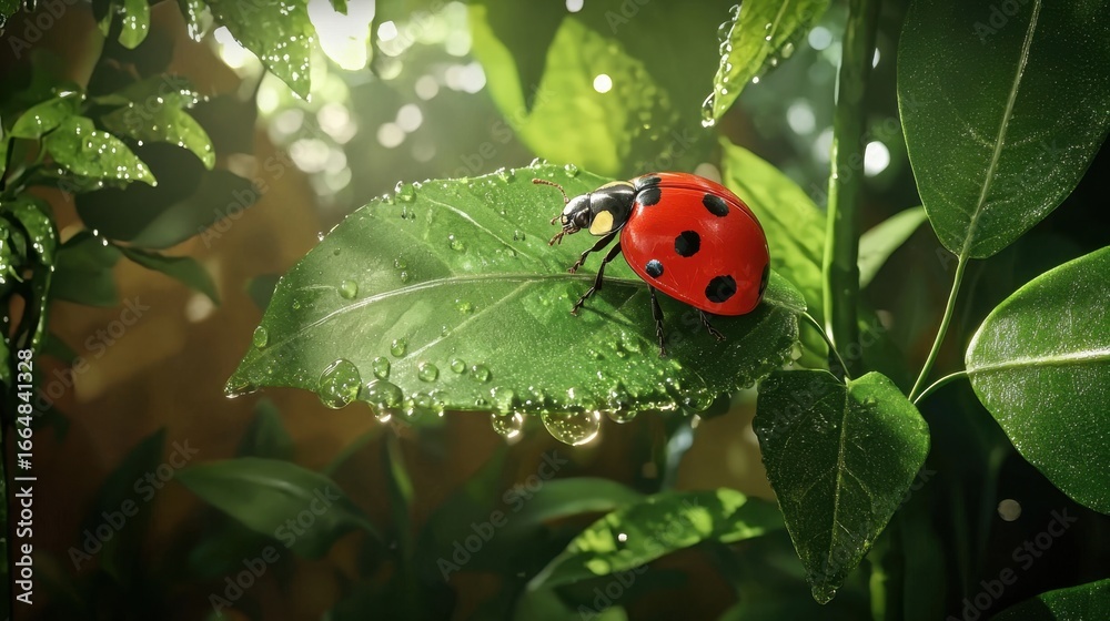 Obraz premium Bright Red Ladybug Crawling on Leaf with Dew Drops in Nature