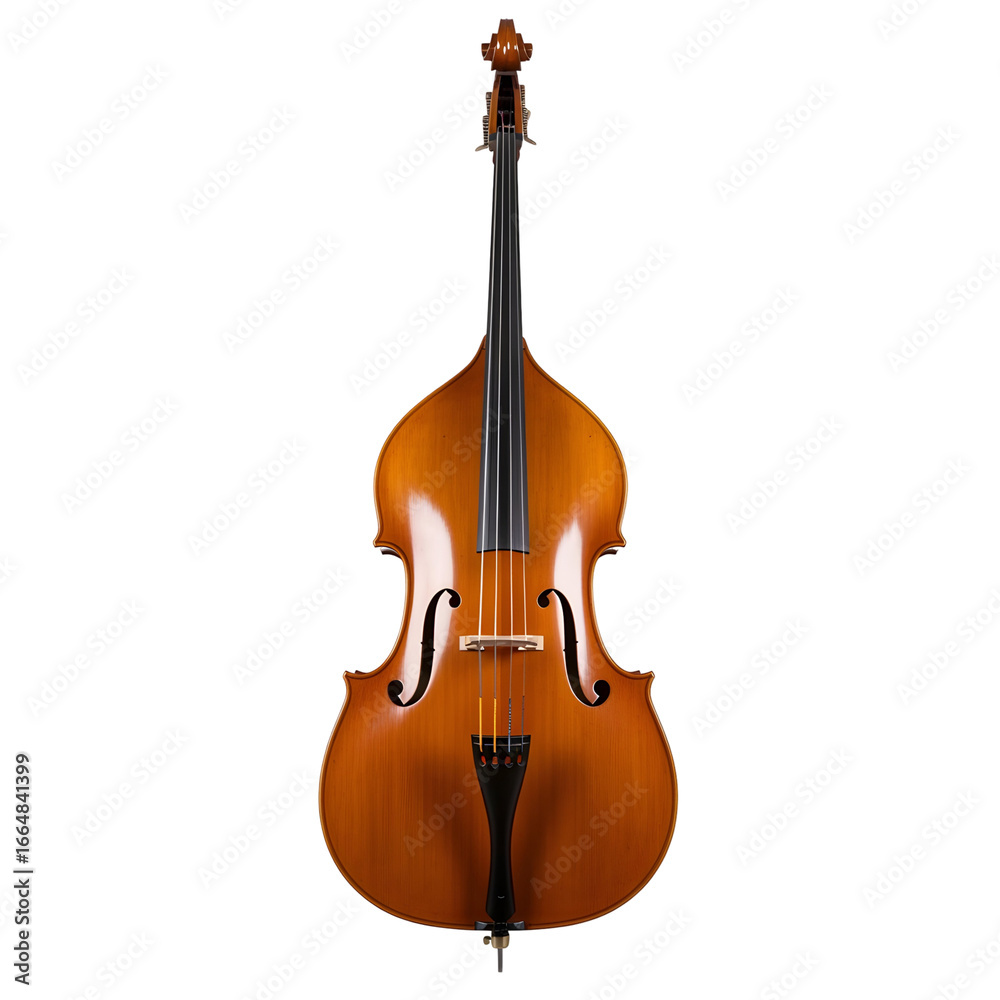 Fototapeta premium An upright light brown double bass on white or transparent background displaying its fholes bridge and tuning pegs clearly