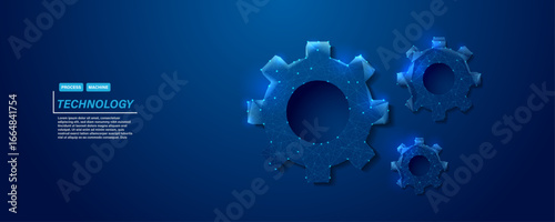 Polygonal low poly wireframe gears background with glowing blue digital technology elements and futuristic industrial engineering design