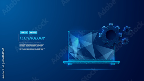 Polygonal low poly wireframe laptop with gears background showing glowing blue digital technology and futuristic software engineering design
