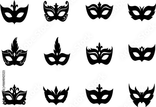 Mask superhero or carnival villain vector icon set. Black masquerade costume eye mask silhouette hidden person face. Simple design incognito party masque shape clip art illustration.