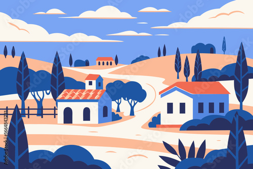 Charming European countryside village scene with rolling hills, picturesque houses and cypress trees under a serene blue sky with fluffy clouds