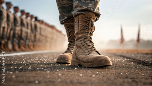 Military boot close up with soldiers standing in formation and flags in background honoring women veterans day