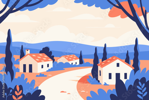 Charming rural village scene with houses and cypress trees under a serene sky, evoking peaceful country living and natural beauty.
