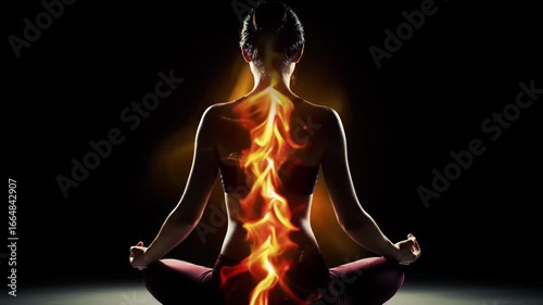 Woman meditating with powerful fire energy flowing up spine. Kundalini awakening, chakra activation, and spiritual healing motion.