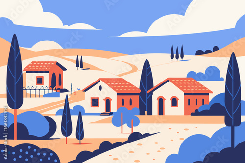 Charming village scene unfolds with quaint houses, rolling hills, and vibrant trees under a bright blue sky, evoking peaceful rural life and idyllic landscapes.