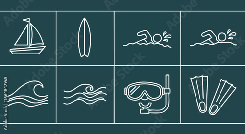 Line Art Icon Set Depicting Nautical Activities and Water Sports for Recreation and Leisure Vacation at Summer 98 characters