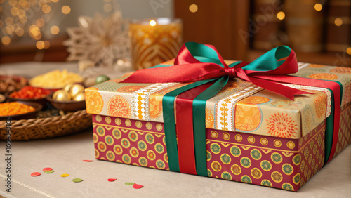 Diwali hampers wrapped with colorful ribbons and festive patterns create joyful atmosphere perfect for gifting during celebration