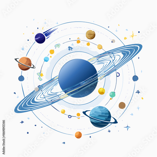 Abstract astronomy vector design featuring planets, galaxies, and orbit lines. Futuristic minimal space illustration with clean white background.
