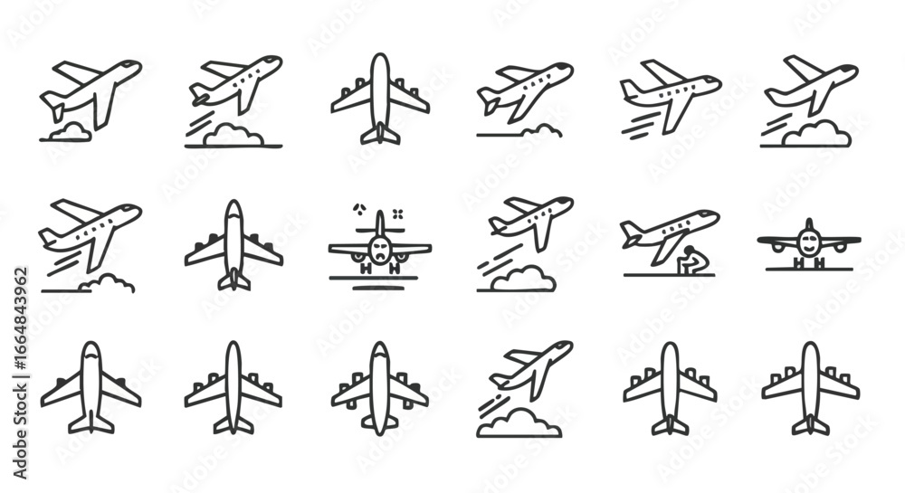 Naklejka premium Collection of minimalist airplane icons depicting takeoff landing and flight concepts featuring simple black line drawings on a white background