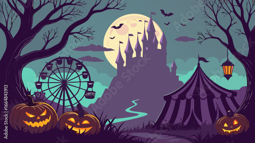 Halloween Carnival with Haunted Castle, Circus Tent, Pumpkins, and Ferris Wheel – Vector Background Design