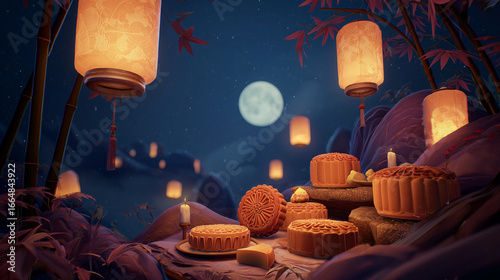 Moonlit Mid-Autumn Festival scene with glowing lanterns and mooncakes